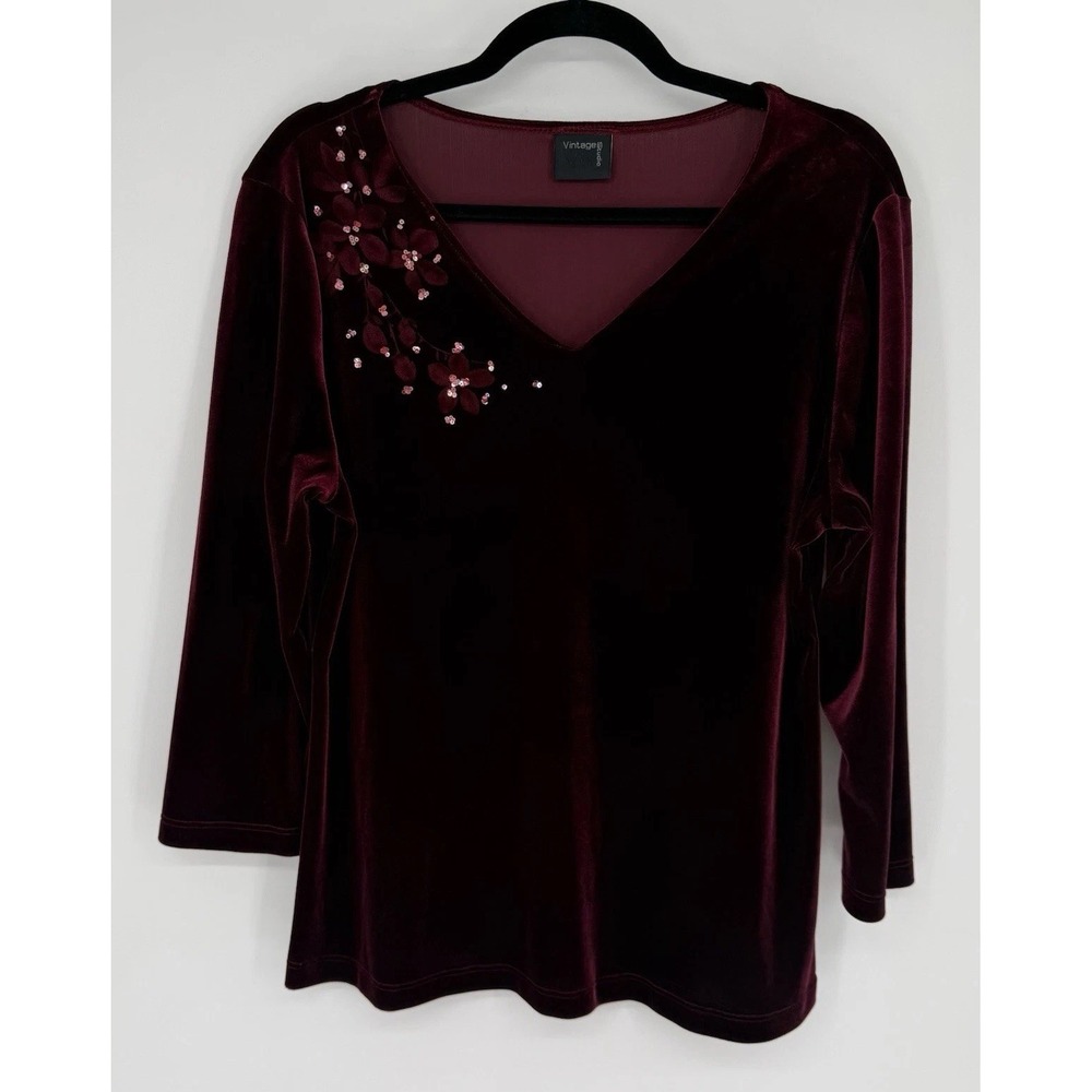 Vintage Studio Shirt Velvet Velour Women's Large Burgundy Sequin Whimsy Feminine